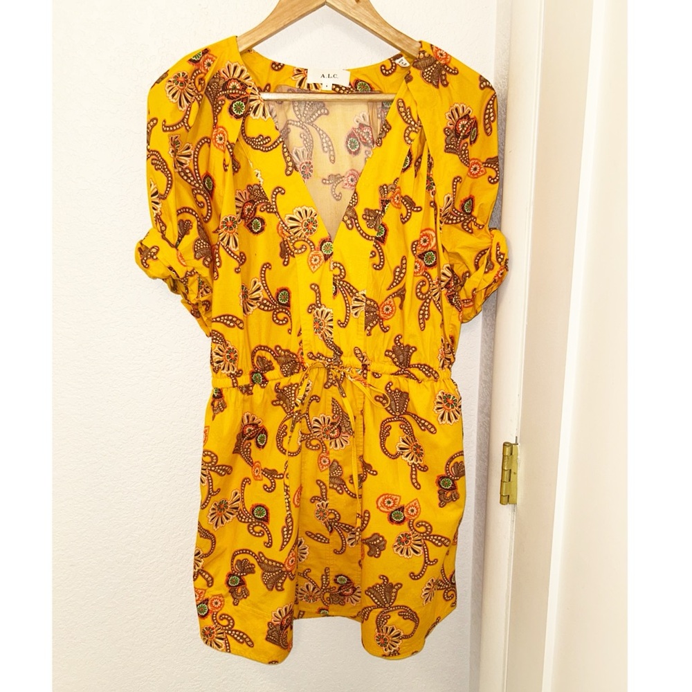 A.L.C. the MIA V-Neck Rolled Sleeve 💯 Cotton Mini Dress Goldenrod Yellow SZ: 8